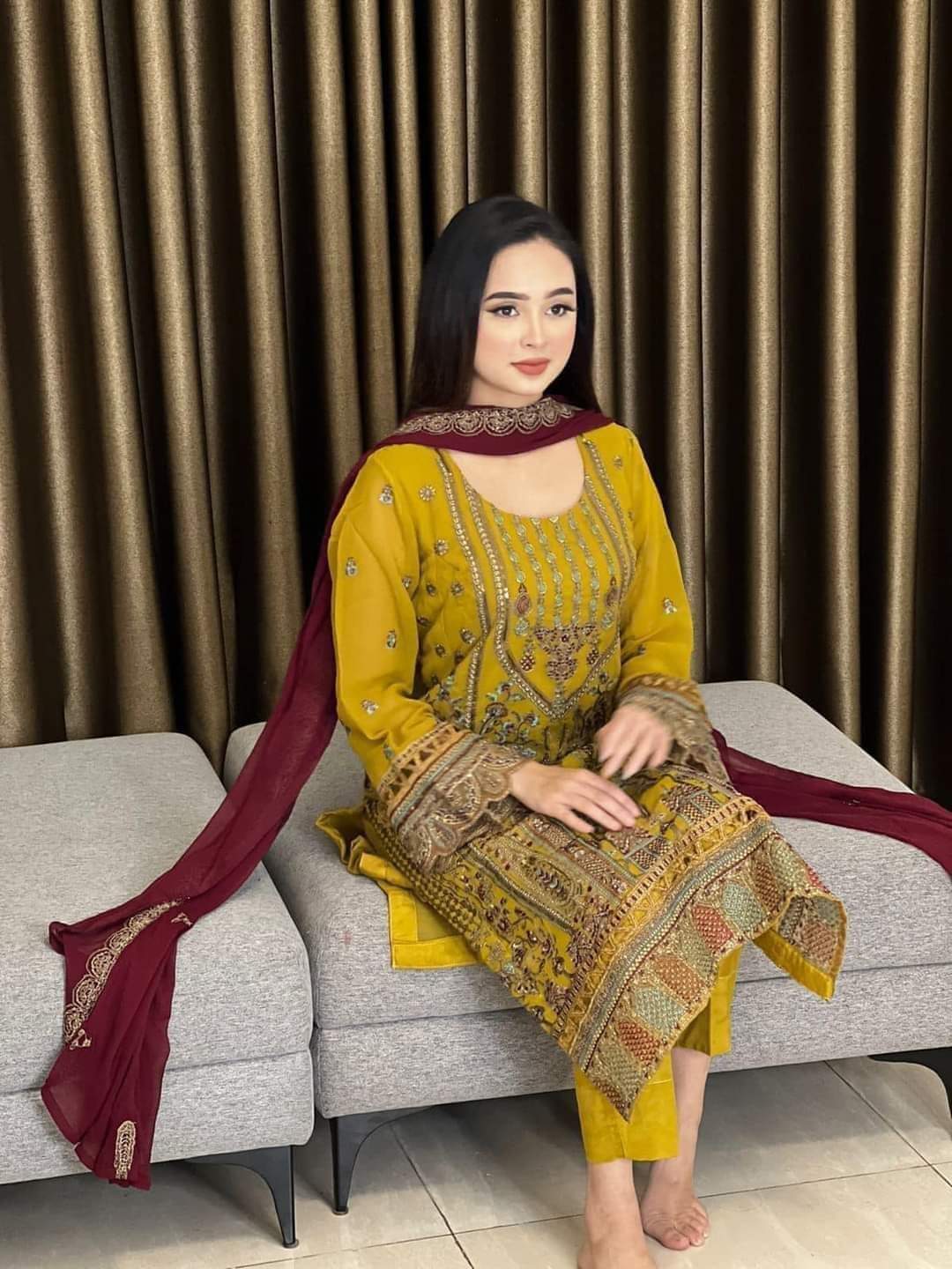 Yellow Color Sequence and Embroidery Work Salwar Kameez